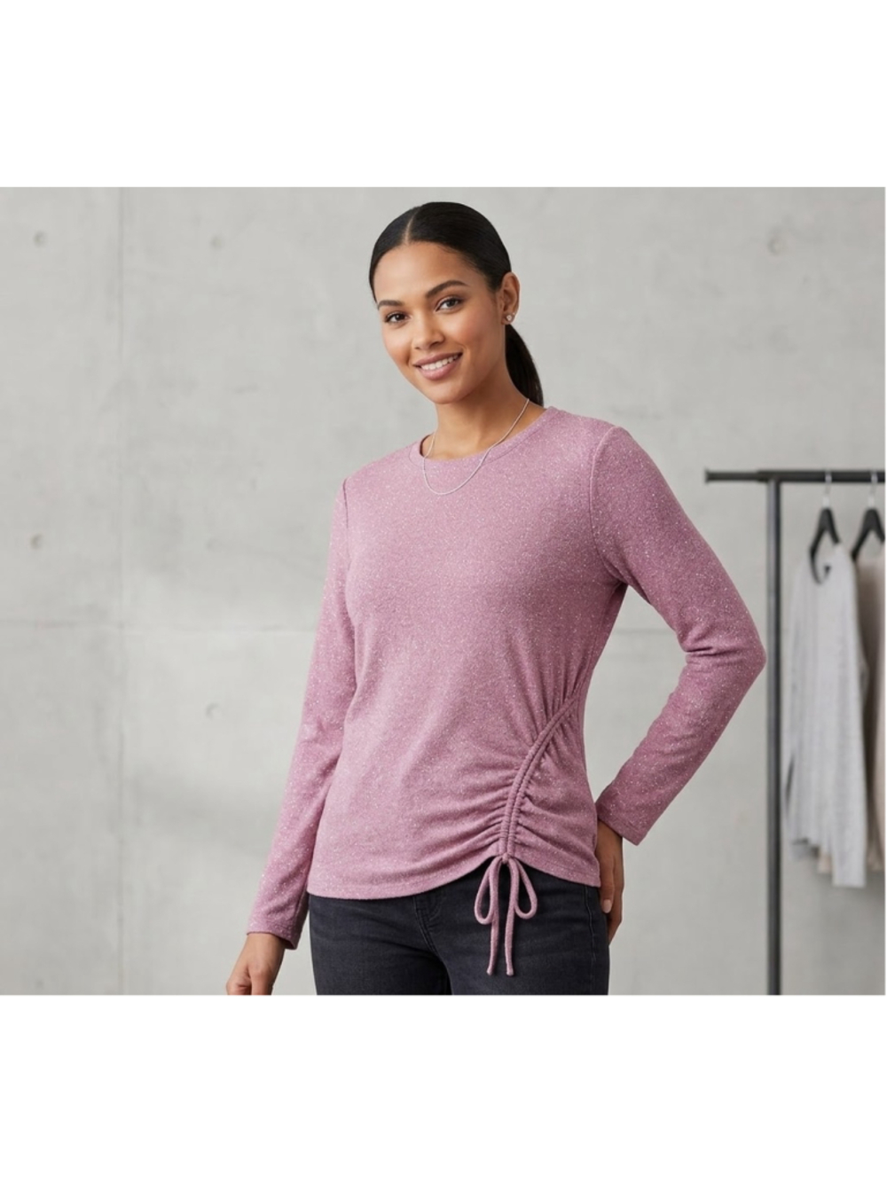 INC Evening Mauve Shimmer Knit Top Side Ruched Tie Drawstring Large NWT Coquette